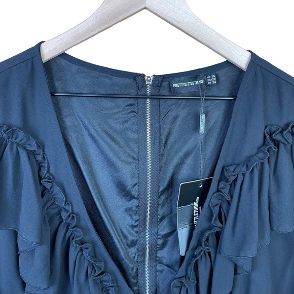 PrettyLittleThing Plus Black Chiffon Frill Detail Bodycon Dress Size 22 - Picture 5 of 7